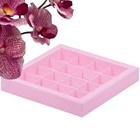 Коробка для конфет с пластиковой крышкой 200*200*30мм, 16шт (розовая матовая)